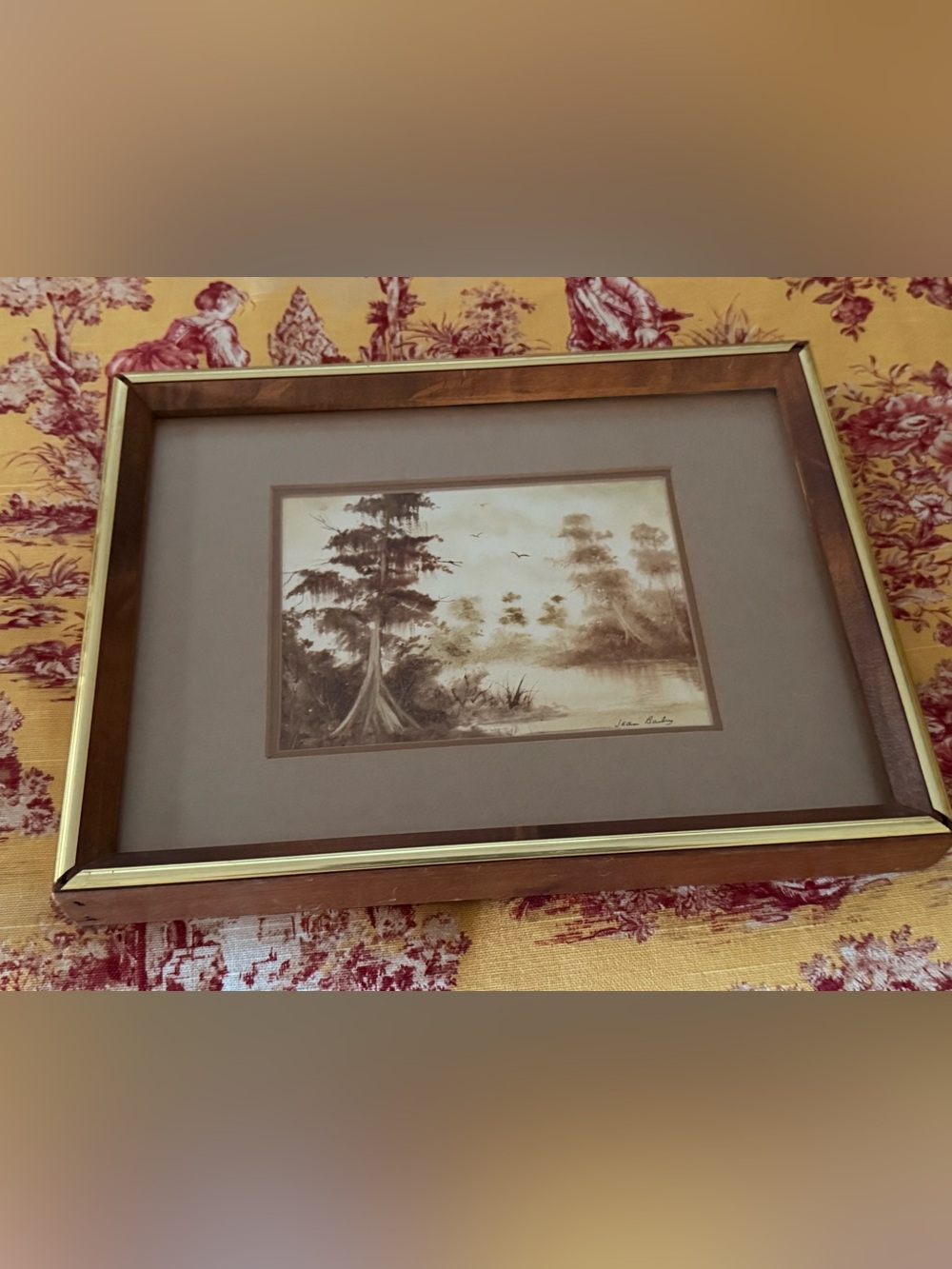Framed Vintage Moody Landscape Sepia Watercolor in Brown and Gold Signed